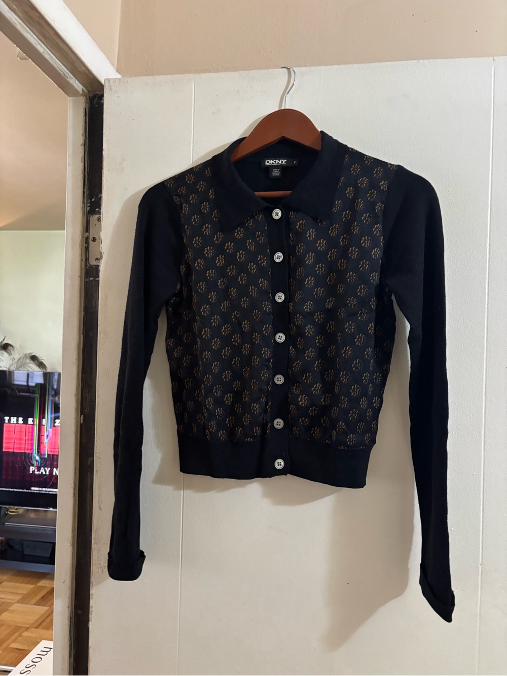 DKNY Black Cardigan with Gold Dot Motif